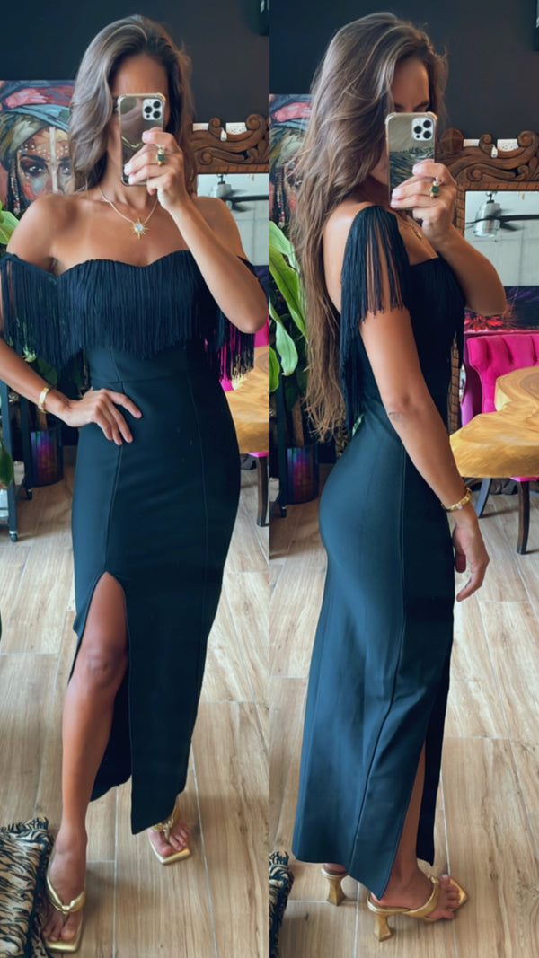 Vestido bandage negro con flecos