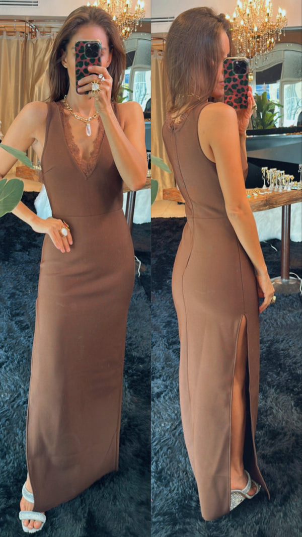 Vestido bandage con encaje café