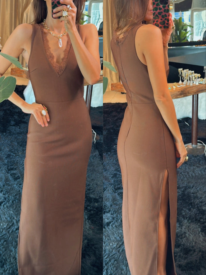 Vestido bandage con encaje café