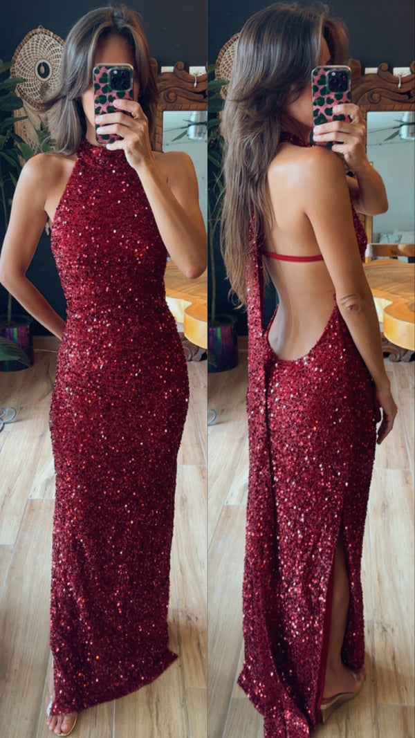 Vestido halter rojo lentejuela