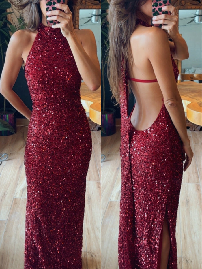 Vestido halter rojo lentejuela