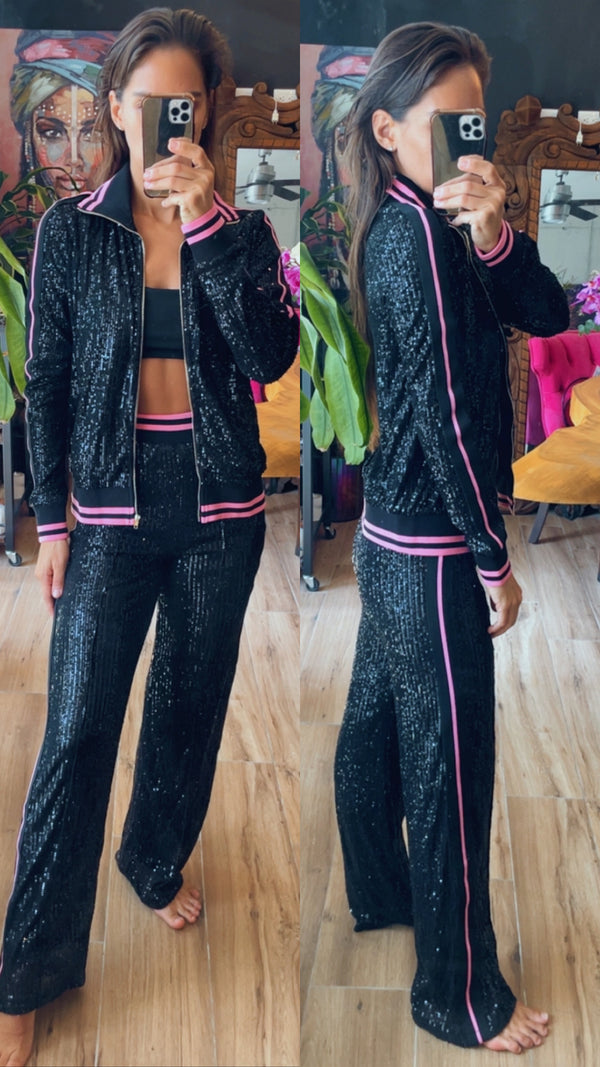 Pantalon y chamarra lentejuela negro