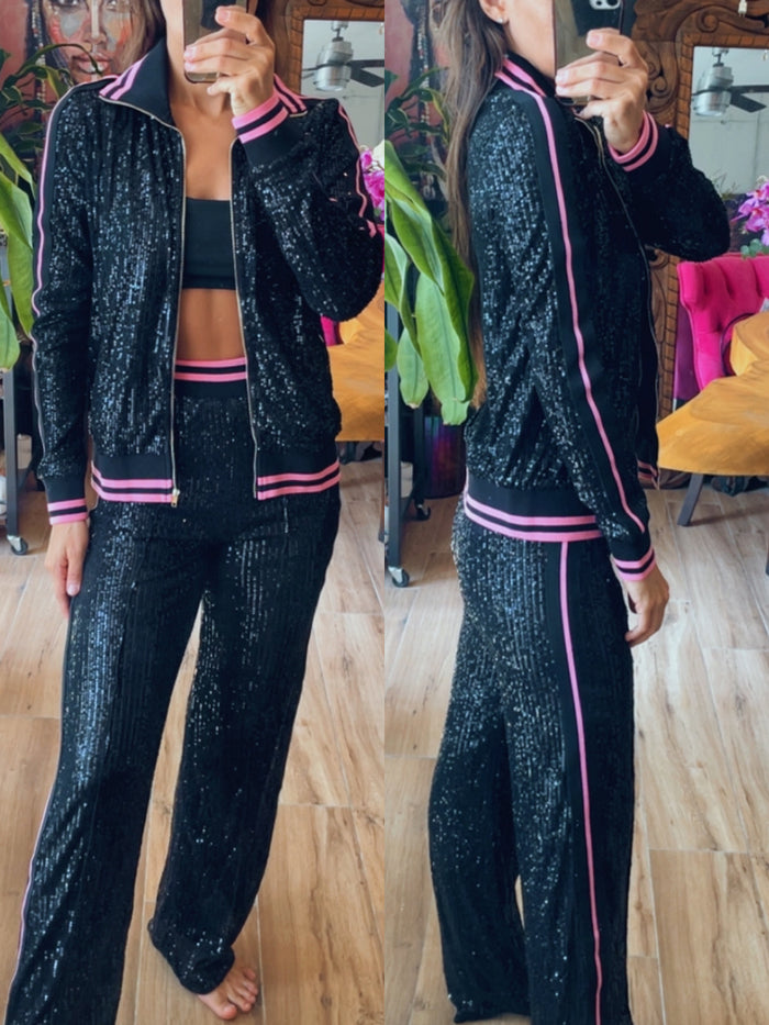 Pantalon y chamarra lentejuela negro