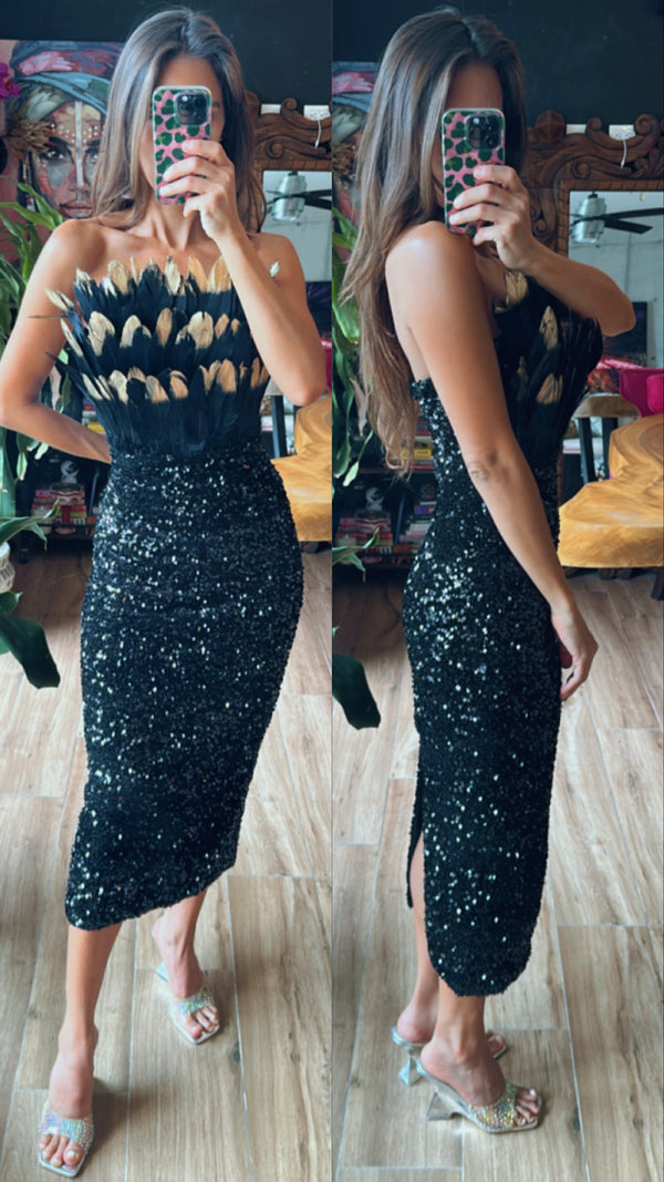 Vestido midi lentejuela con plumas negro