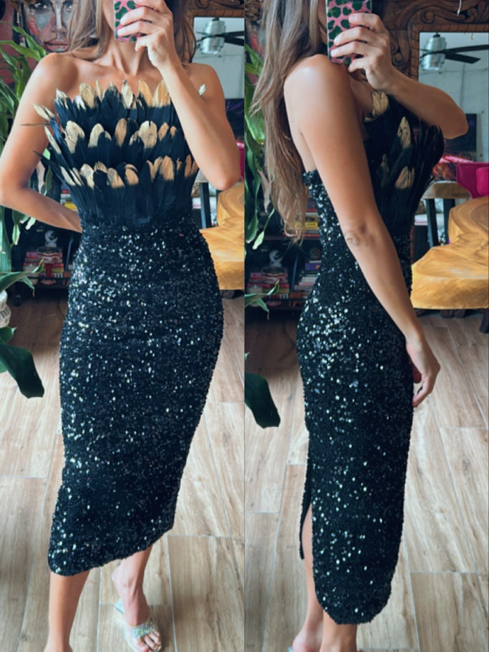 Vestido midi lentejuela con plumas negro