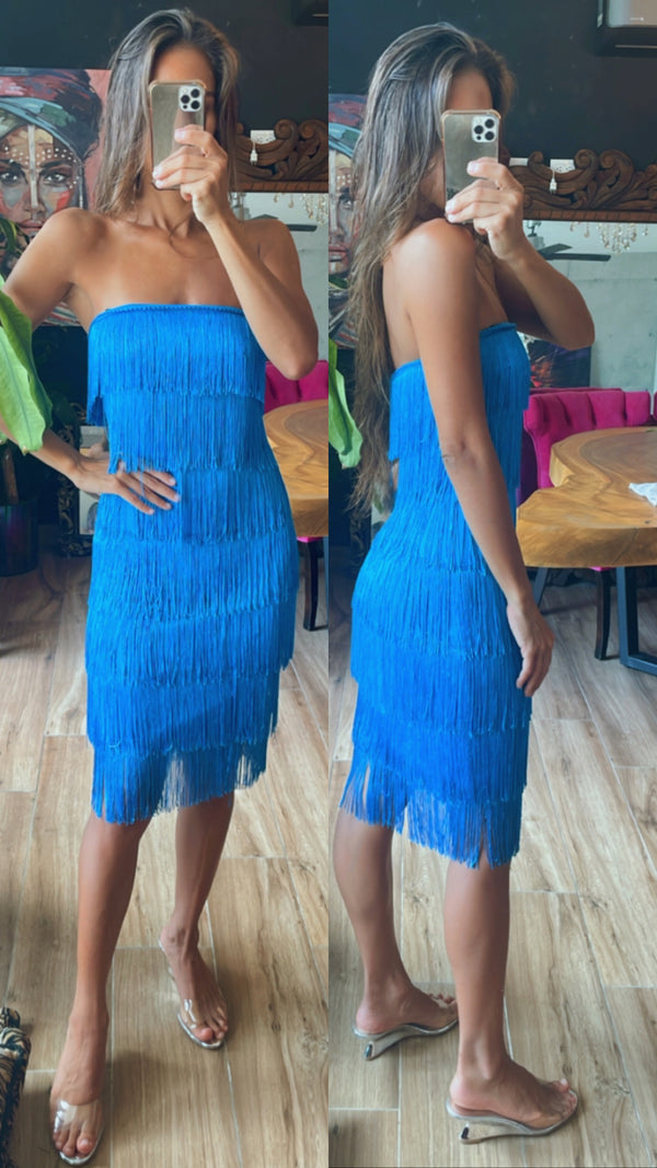 Vestido corto con flecos azul
