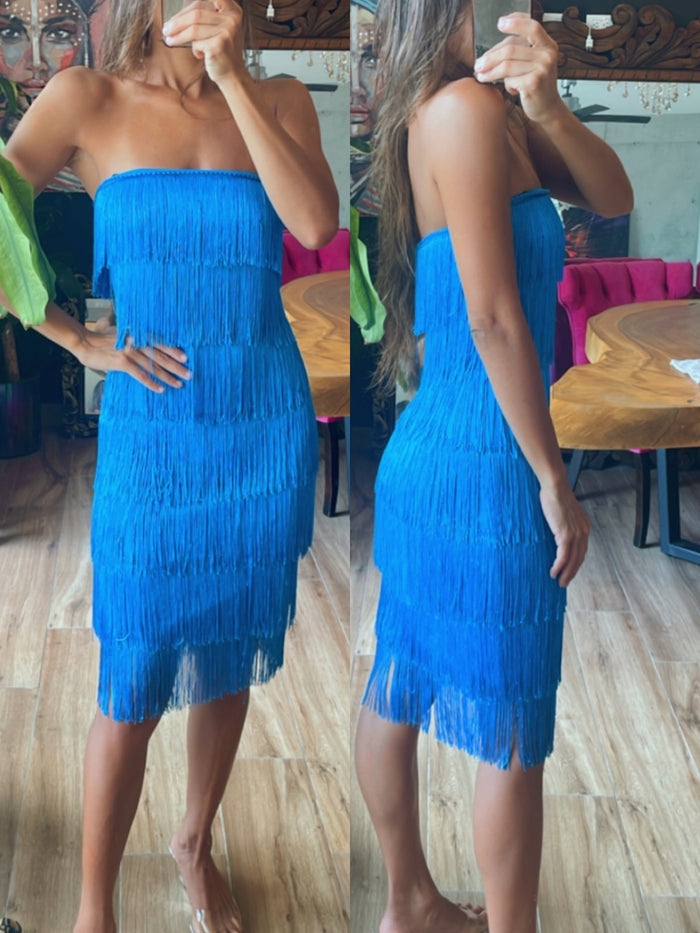 Vestido corto con flecos azul
