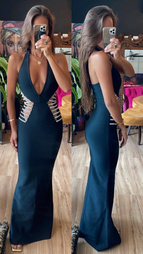 Vestido bandage negro aplicacion cintura