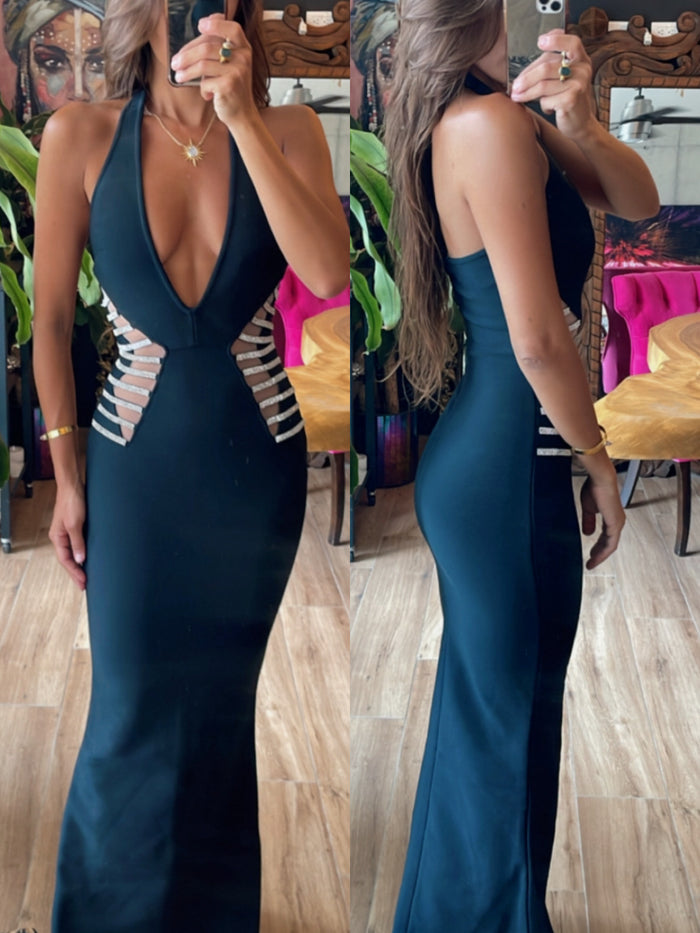 Vestido bandage negro aplicacion cintura