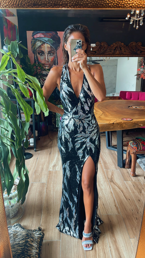 Vestido lentejuela negro y plata