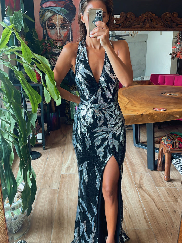Vestido lentejuela negro y plata