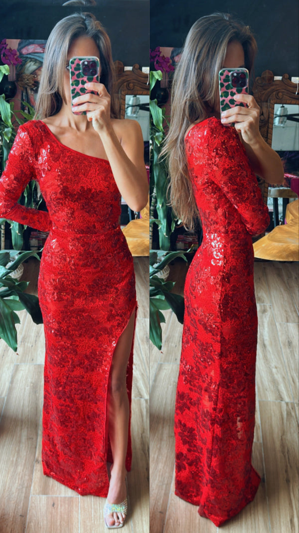 Vestido Encaje Lentejuela rojo