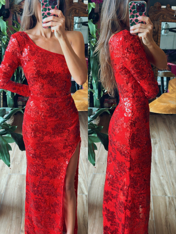 Vestido Encaje Lentejuela rojo