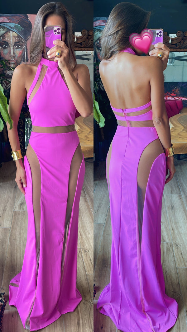 Vestido halter con transparencia rosa