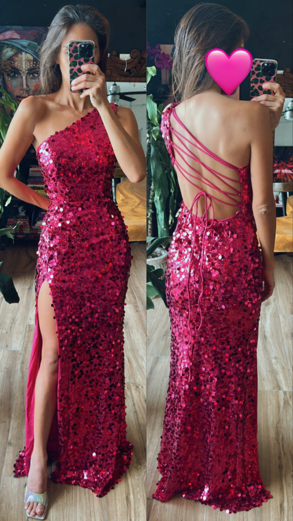 Vestido lentejuela fiuscha un hombro