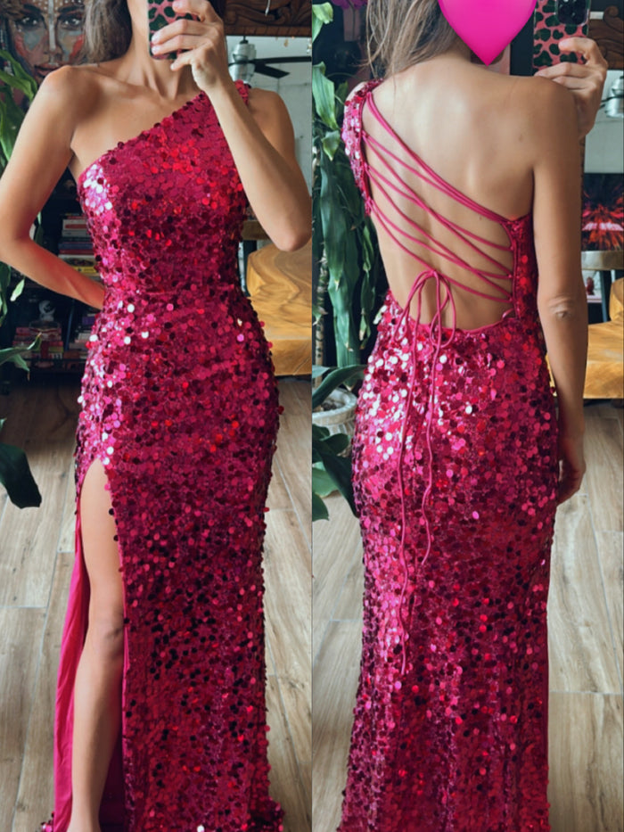 Vestido lentejuela fiuscha un hombro