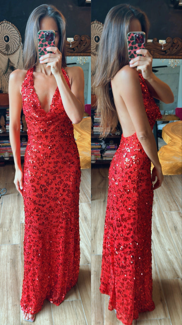 Vestido lentejuela sin espalda rojo