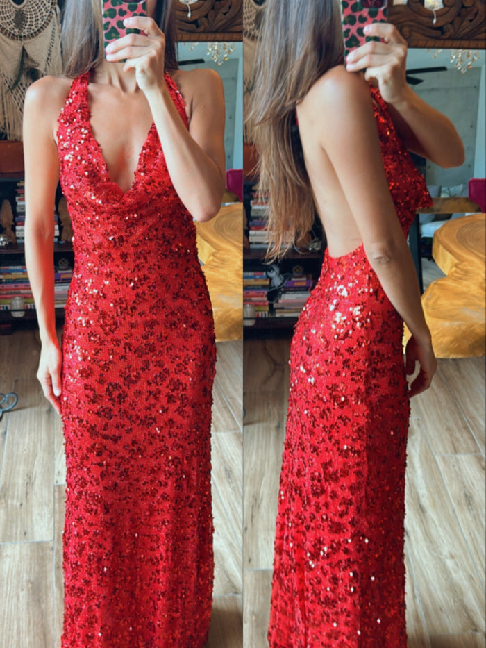 Vestido lentejuela sin espalda rojo