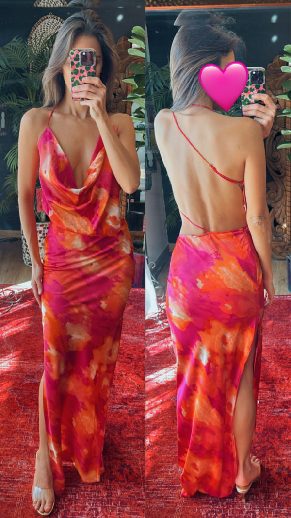 Vestido satin rosa estampado