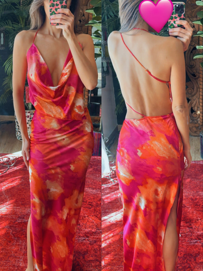 Vestido satin rosa estampado